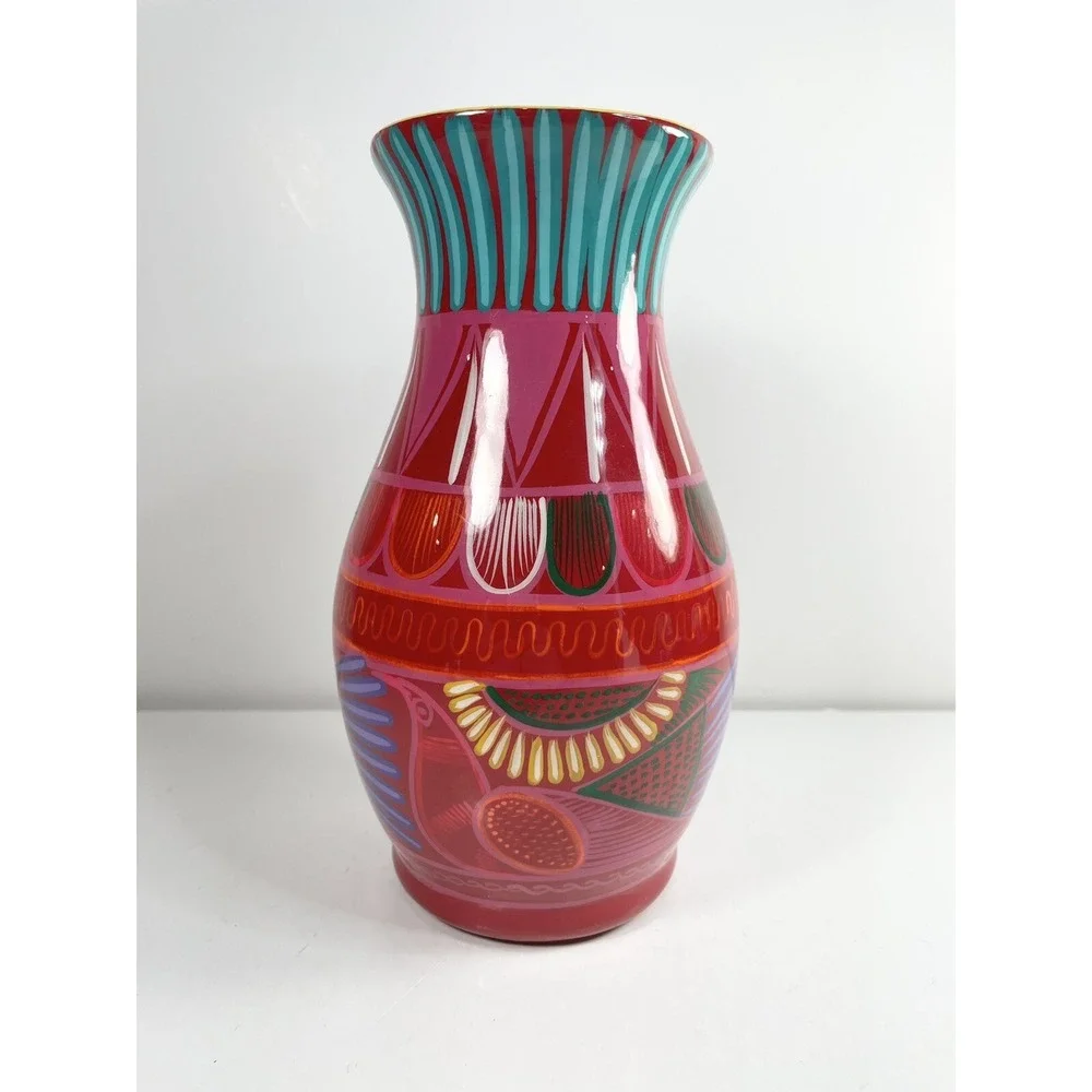 mexican‎ pottery Colorful Bird Vase Red 8
